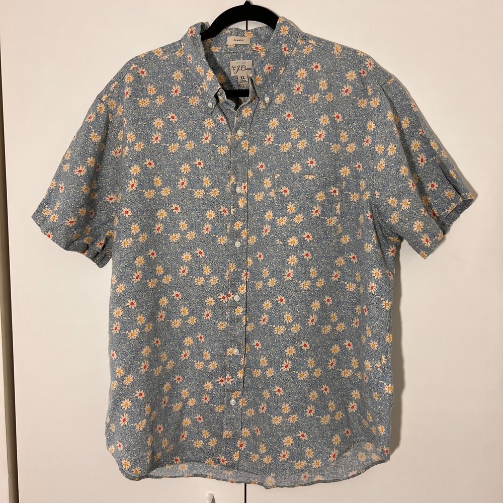 J Crew Classic Fit Linen Shirt XL Blue Floral Short Sleeve Button Down Coastal